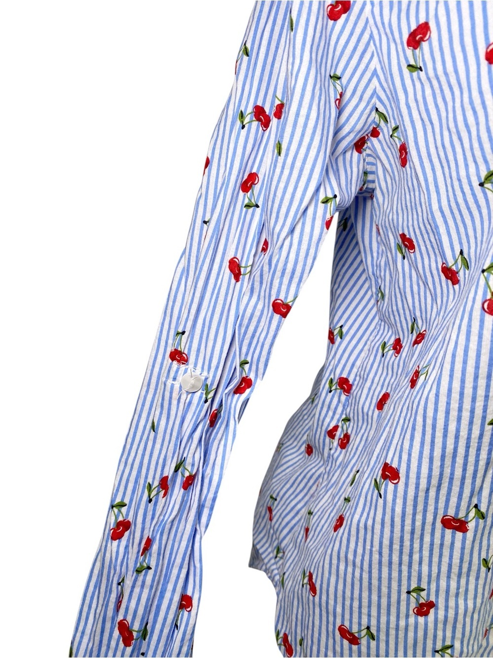 Love Notes Blue White Striped Cherry Print Button-Down Shirt Size M - Picture 6 of 15
